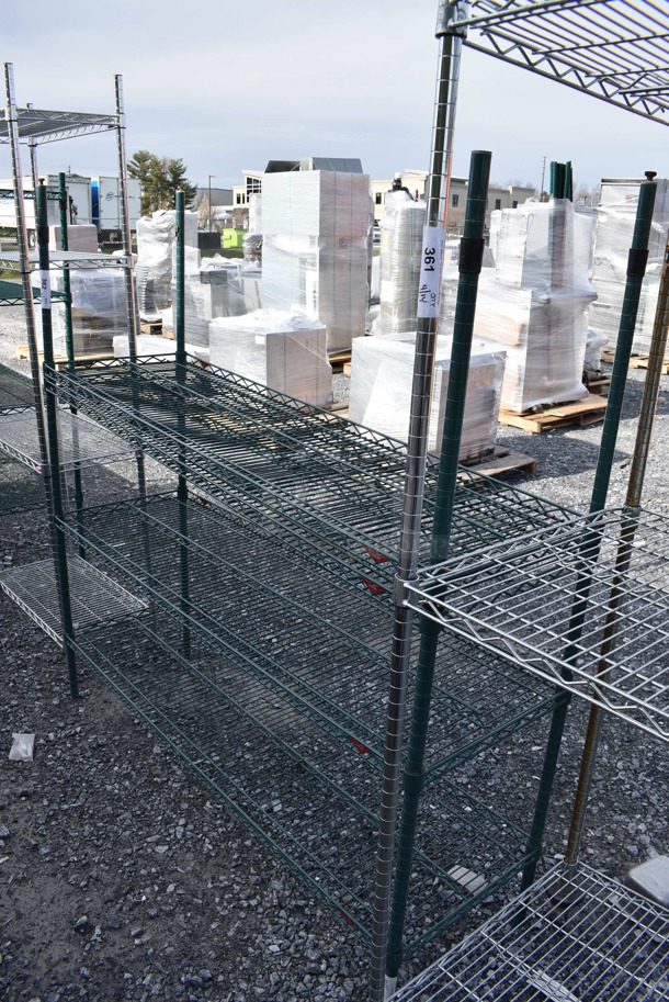 Metro Green Finish 4 Tier Wire Shelving Unit. BUYER MUST DISMANTLE. PCI CANNOT DISMANTLE FOR SHIPPING. PLEASE CONSIDER FREIGHT CHARGES. 60x18x62 - Image 1 of 4