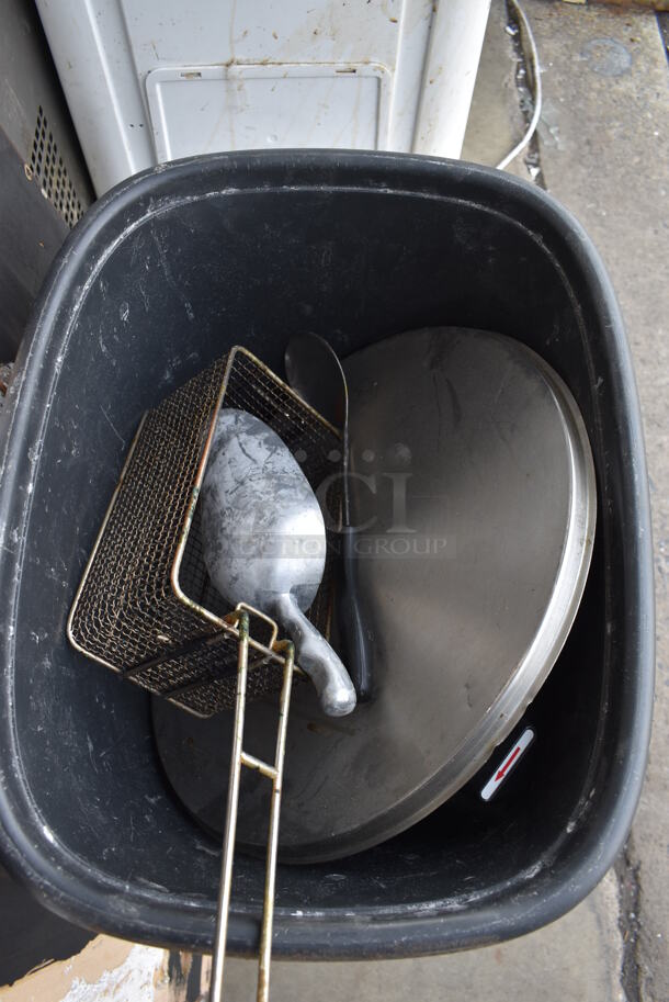 Black Poly Trash Can w/ Contents Including Metal Fry Basket - Image 2 of 4