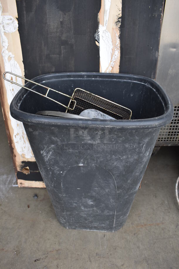 Black Poly Trash Can w/ Contents Including Metal Fry Basket - Image 3 of 4