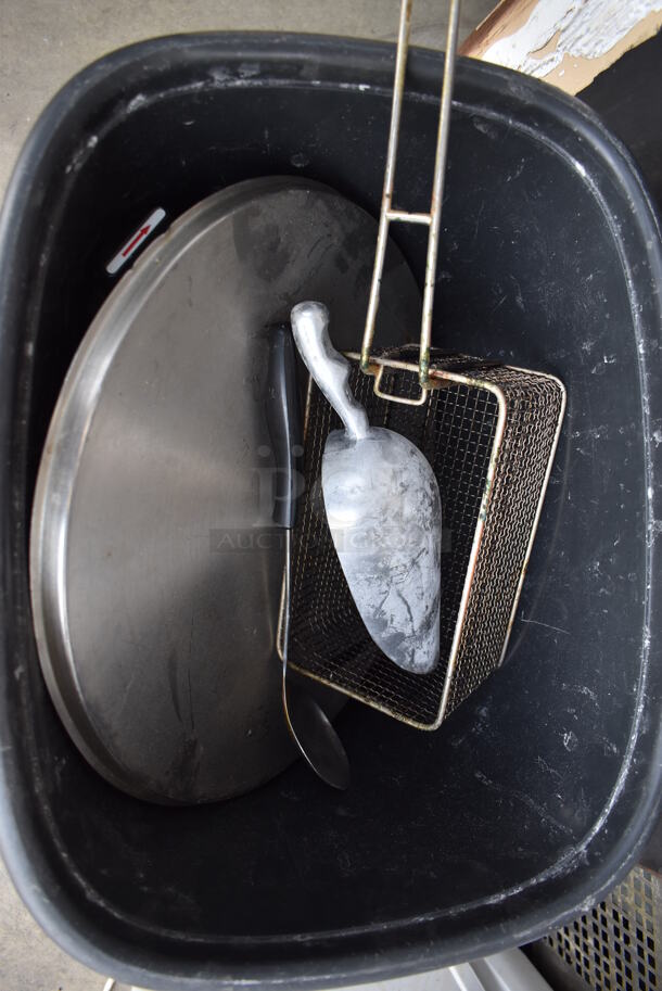 Black Poly Trash Can w/ Contents Including Metal Fry Basket - Image 4 of 4