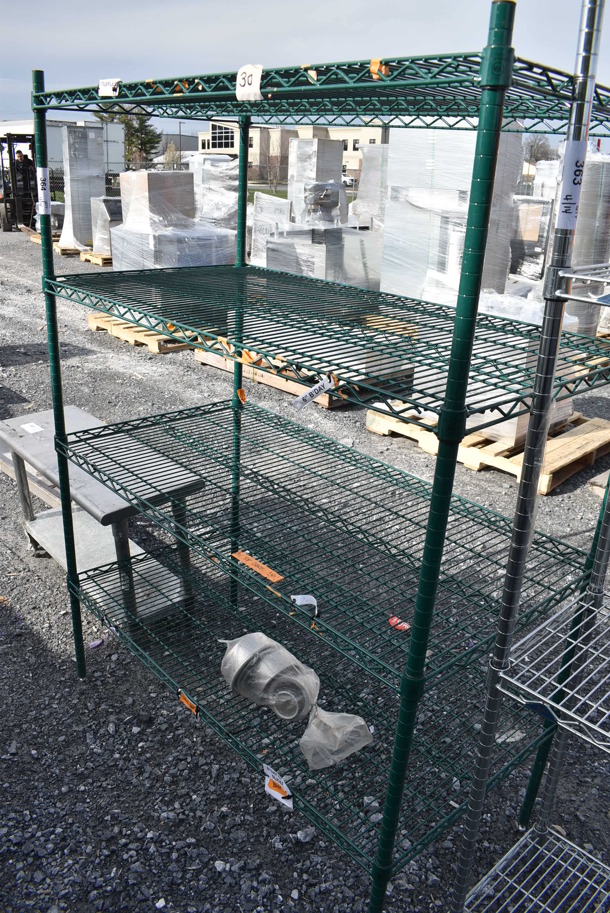 Green Finish 4 Tier Wire Shelving Unit. BUYER MUST DISMANTLE. PCI CANNOT DISMANTLE FOR SHIPPING. PLEASE CONSIDER FREIGHT CHARGES. 48x24x66 - Image 1 of 4