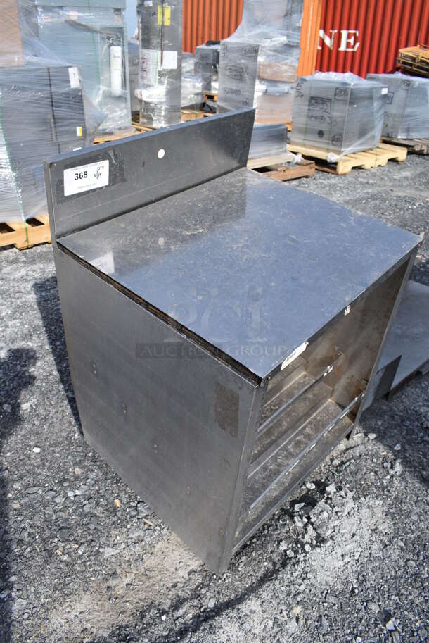 Metal Counter w/ Back Splash and Lower Bottle Merchandiser. Missing 1 Leg. 23x21x36.5 - Image 5 of 6