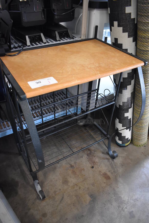 Black Metal Counter w/ Brown Countertop and 2 Wire Under Shelves and Over Shelves. 25x19x70 - Image 2 of 5
