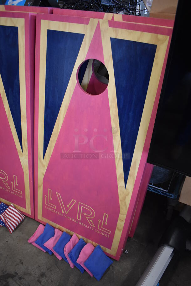 2 Wooden Pink and Blue LVRL Corn Hole Boards w/ 2 Pink Wooden Burky Boards, 4 Pink Bean Bags and 4 Blue Bean Bags. 24x48x4, 23x23x39, 23x23x63. 2 Times Your Bid! - Image 2 of 6