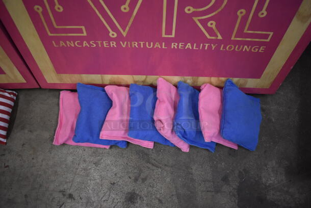 2 Wooden Pink and Blue LVRL Corn Hole Boards w/ 2 Pink Wooden Burky Boards, 4 Pink Bean Bags and 4 Blue Bean Bags. 24x48x4, 23x23x39, 23x23x63. 2 Times Your Bid! - Image 3 of 6