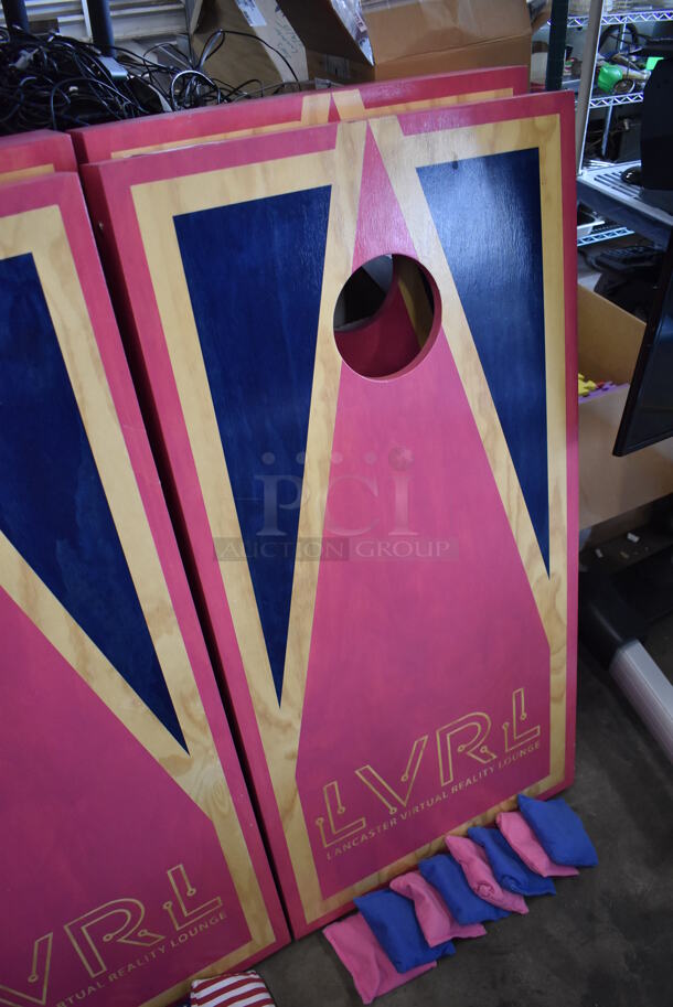 2 Wooden Pink and Blue LVRL Corn Hole Boards w/ 2 Pink Wooden Burky Boards, 4 Pink Bean Bags and 4 Blue Bean Bags. 24x48x4, 23x23x39, 23x23x63. 2 Times Your Bid! - Image 4 of 6