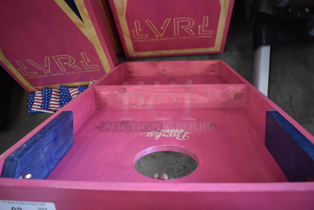 2 Wooden Pink and Blue LVRL Corn Hole Boards w/ 2 Pink Wooden Burky Boards, 4 Pink Bean Bags and 4 Blue Bean Bags. 24x48x4, 23x23x39, 23x23x63. 2 Times Your Bid! - Image 5 of 6