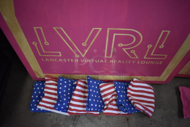 2 Wooden Pink and Blue LVRL Corn Hole Boards w/ 2 Blue Wooden Burky Boards, 4 Blue Starred Bean Bags and 4 Red and White Striped Bean Bags. 24x48x4, 23x23x39, 23x23x63. 2 Times Your Bid! - Image 3 of 6