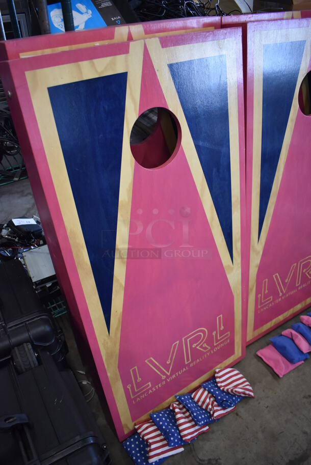 2 Wooden Pink and Blue LVRL Corn Hole Boards w/ 2 Blue Wooden Burky Boards, 4 Blue Starred Bean Bags and 4 Red and White Striped Bean Bags. 24x48x4, 23x23x39, 23x23x63. 2 Times Your Bid! - Image 4 of 6