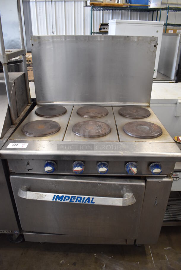 Imperial Stainless Steel Commercial Electric Powered 6 Burner Hot Plate Range w/ Oven and Back Splash. 208 Volts, 3 Phase. 36x32x55