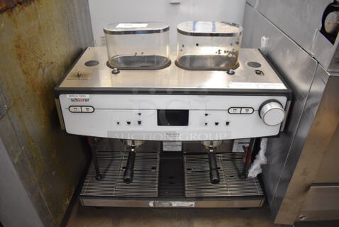 Schaerer Barista Stainless Steel Commercial Countertop 2 Group Espresso Machine w/ 2 Portafilters, 2 Steam Wands and 2 Hoppers. 208 Volts, 1 Phase. 29x23x31