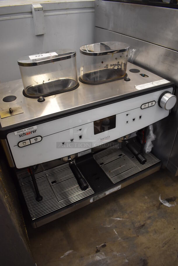 Schaerer Barista Stainless Steel Commercial Countertop 2 Group Espresso Machine w/ 2 Portafilters, 2 Steam Wands and 2 Hoppers. 208 Volts, 1 Phase. 29x23x31 - Image 3 of 7