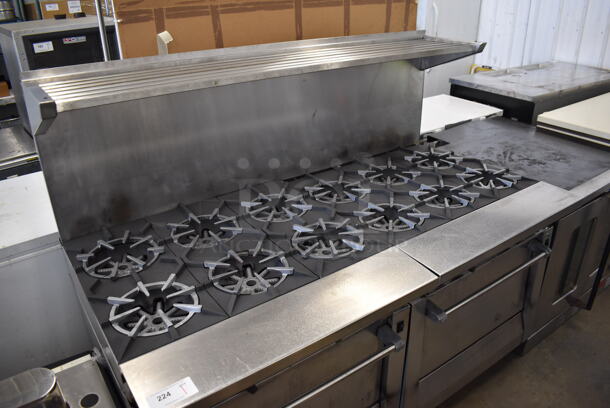 Stainless Steel Commercial Natural Gas Powered 12 Burner Range w/ 2 Convection Ovens, Over Shelf and Back Splash on Commercial Casters. 68x38x57 - Image 2 of 7