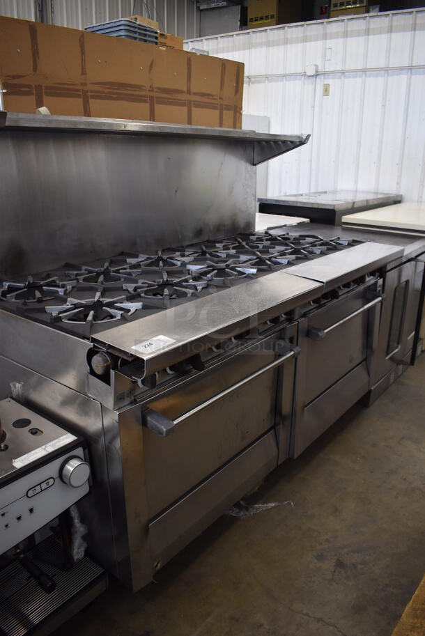 Stainless Steel Commercial Natural Gas Powered 12 Burner Range w/ 2 Convection Ovens, Over Shelf and Back Splash on Commercial Casters. 68x38x57 - Image 3 of 7