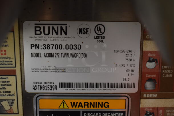 2013 Bunn AXIOM 2/2 TWIN Stainless Steel Commercial Countertop 4 Burner Coffee Machine w/ 2 Metal Brew Baskets and 2 Coffee Pots. 120/208-240 Volts, 1 Phase. 16x18x24 - Image 4 of 5