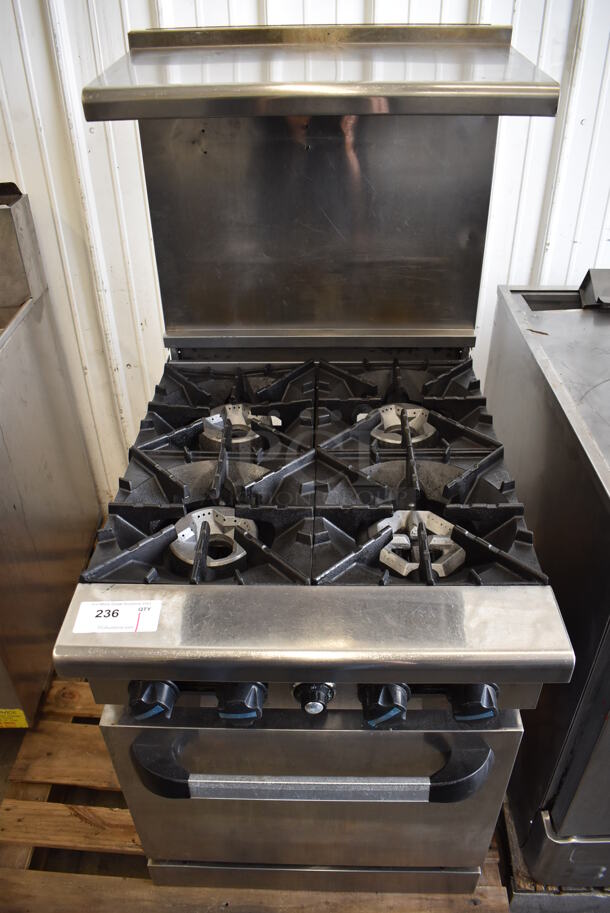 Radiance Stainless Steel Commercial Natural Gas Powered 4 Burner Range w/ Oven, Over Shelf and Back Splash. 24x32x59