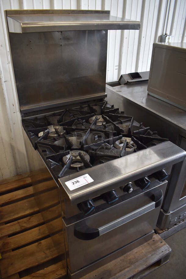 Radiance Stainless Steel Commercial Natural Gas Powered 4 Burner Range w/ Oven, Over Shelf and Back Splash. 24x32x59 - Image 2 of 5