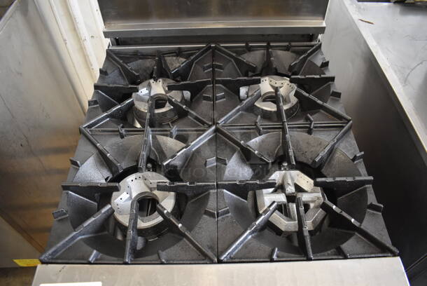 Radiance Stainless Steel Commercial Natural Gas Powered 4 Burner Range w/ Oven, Over Shelf and Back Splash. 24x32x59 - Image 3 of 5
