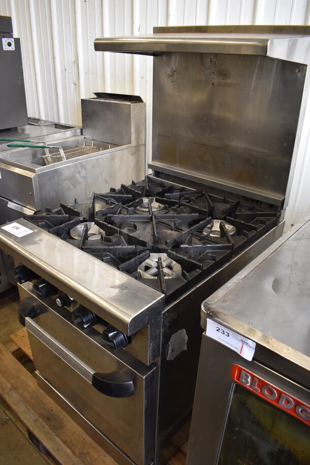 Radiance Stainless Steel Commercial Natural Gas Powered 4 Burner Range w/ Oven, Over Shelf and Back Splash. 24x32x59 - Image 4 of 5