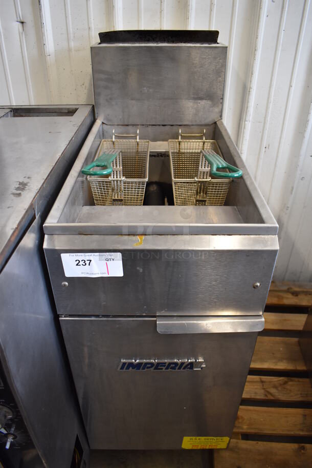 Imperial IFS-40 Stainless Steel Commercial Floor Style Natural Gas Powered Deep Fat Fryer w/ 2 Metal Fry Baskets. 105,000 BTU. 16x31x47