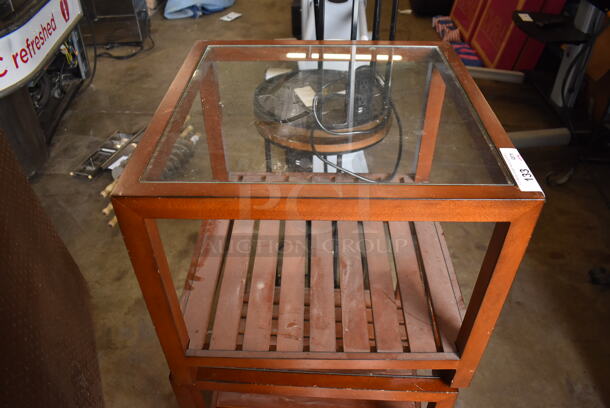 2 Wood Pattern End Tables w/ Glass Countertop and Plank Under Shelf. 22x22x18. 2 Times Your Bid!