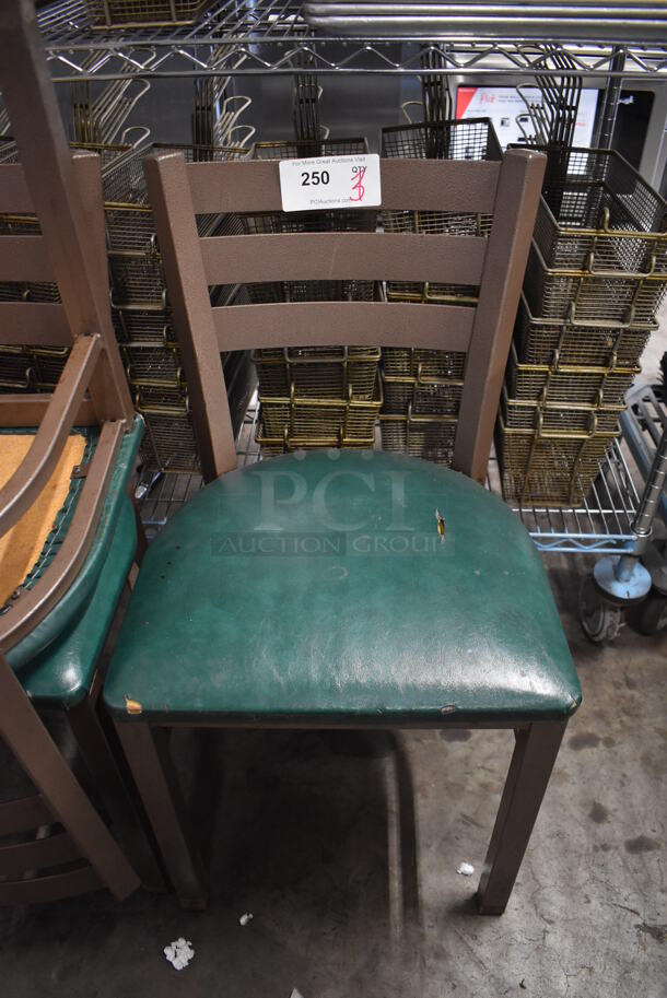 3 Brown Metal Dining Chairs w/ Green Seat Cushion. 17x17x32. 3 Times Your Bid!