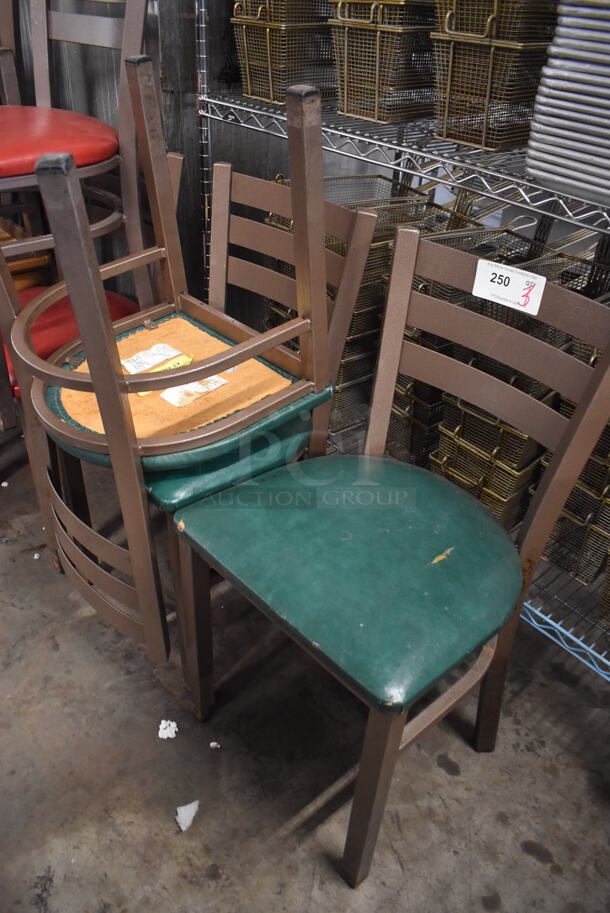 3 Brown Metal Dining Chairs w/ Green Seat Cushion. 17x17x32. 3 Times Your Bid! - Image 2 of 3