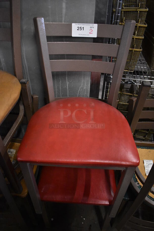 2 Brown Metal Dining Chairs w/ Red Seat Cushion. 17x17x32. 2 Times Your Bid!