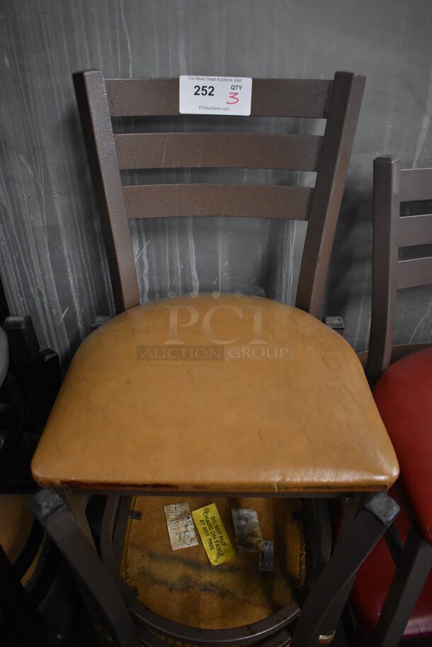 3 Brown Metal Dining Chairs w/ Tan Seat Cushion. 17x17x32. 3 Times Your Bid!