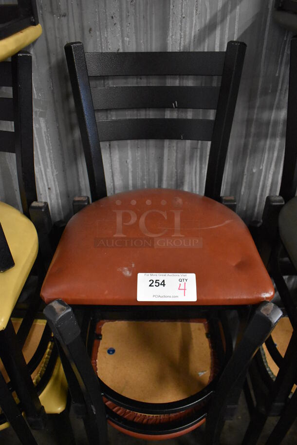 4 Black Metal Dining Chairs w/ Red Seat Cushion. 17x17x32. 4 Times Your Bid!