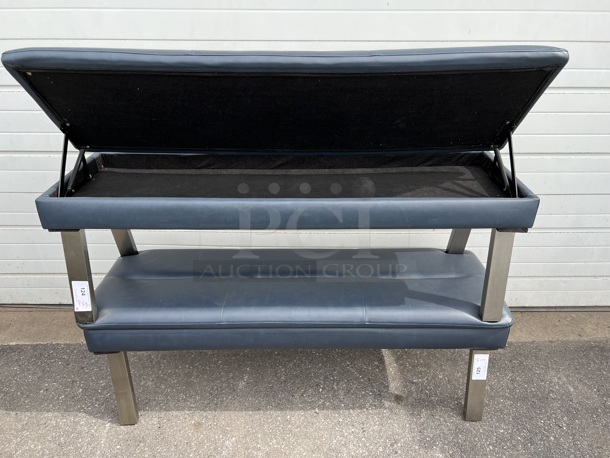 2 Blue Lefever Storage Benches on Metal Legs. Stock Picture - Cosmetic Condition May Vary. 56x18x21. 2 Times Your Bid!