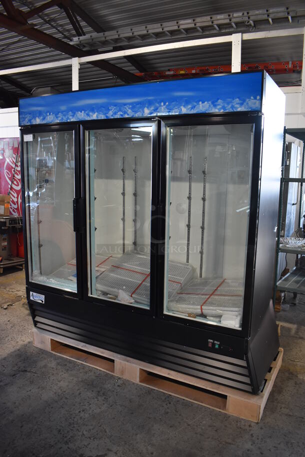 BRAND NEW SCRATCH AND DENT! Avantco 178GDC69HCB Metal Commercial 3 Door Reach In Cooler Merchandiser w/ Poly Coated Racks and LED Lighting. Bottom of Frame is Bent. 115 Volts, 1 Phase. 78x30x79. Tested and Working!