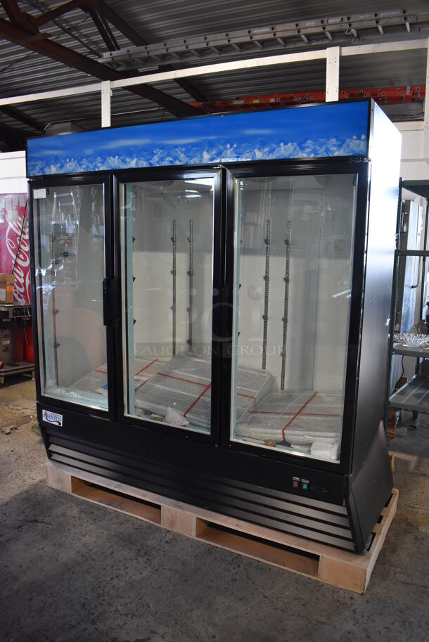 BRAND NEW SCRATCH AND DENT! Avantco 178GDC69HCB Metal Commercial 3 Door Reach In Cooler Merchandiser w/ Poly Coated Racks and LED Lighting. Bottom of Frame is Bent. 115 Volts, 1 Phase. 78x30x79. Tested and Working! - Image 1 of 9