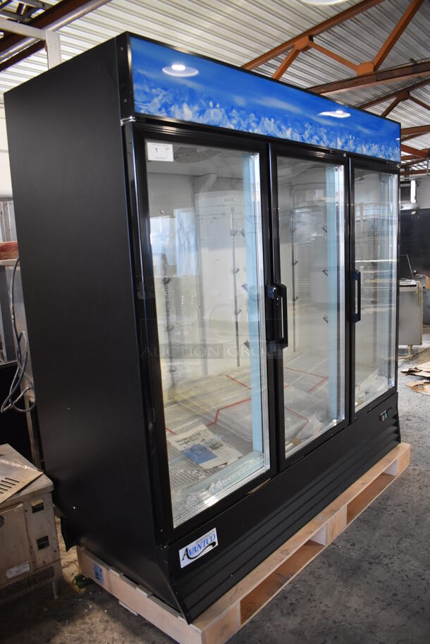 BRAND NEW SCRATCH AND DENT! Avantco 178GDC69HCB Metal Commercial 3 Door Reach In Cooler Merchandiser w/ Poly Coated Racks and LED Lighting. Bottom of Frame is Bent. 115 Volts, 1 Phase. 78x30x79. Tested and Working! - Image 3 of 9