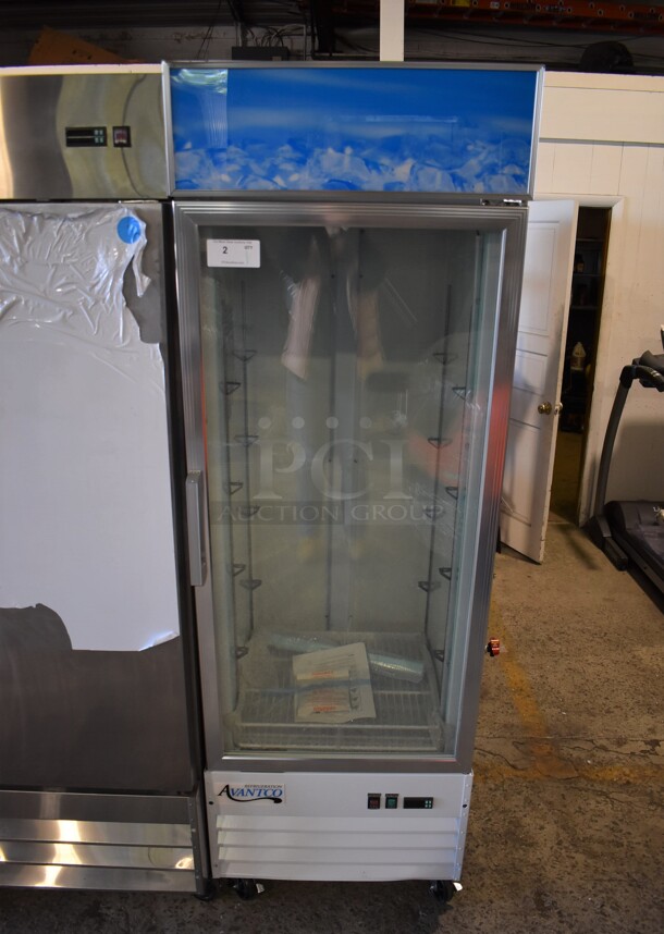 BRAND NEW SCRATCH AND DENT! Avantco 178GCD12FHCW Metal Commercial Single Door Reach In Freezer Merchandiser w/ Poly Coated Racks and LED Lighting on Commercial Casters. 115 Volts, 1 Phase. 27x26x83. Tested and Working!