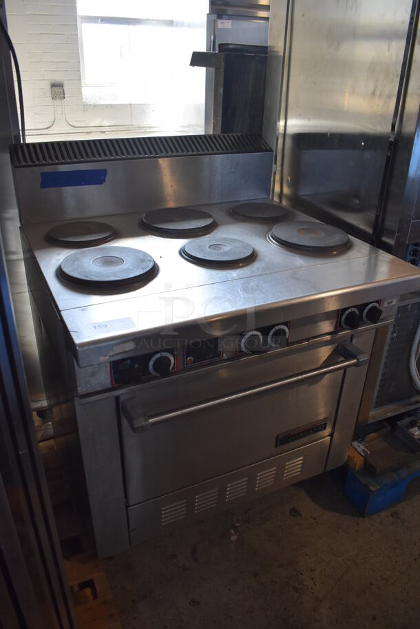 Garland Stainless Steel Commercial Electric Powered 6 Burner Hot Plate Range w/ Oven and Back Splash. 208-250 Volts, 1 or 3 Phase. 36x36x48 - Image 3 of 7