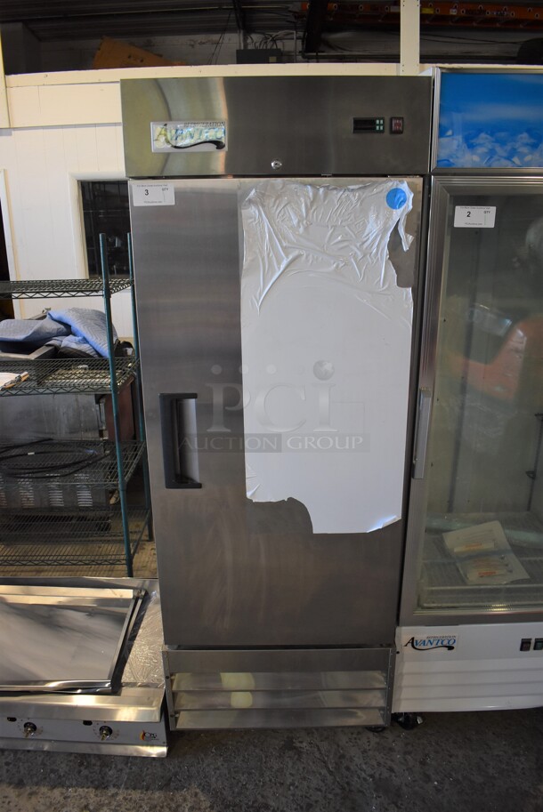 Avantco 178A19FHC Stainless Steel Commercial Single Door Reach In Freezer w/ Poly Coated Racks on Commercial Casters. 115 Volts, 1 Phase. 28x26x83. Tested and Working! - Image 1 of 8