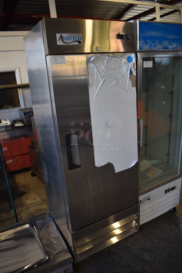 Avantco 178A19FHC Stainless Steel Commercial Single Door Reach In Freezer w/ Poly Coated Racks on Commercial Casters. 115 Volts, 1 Phase. 28x26x83. Tested and Working! - Image 2 of 8