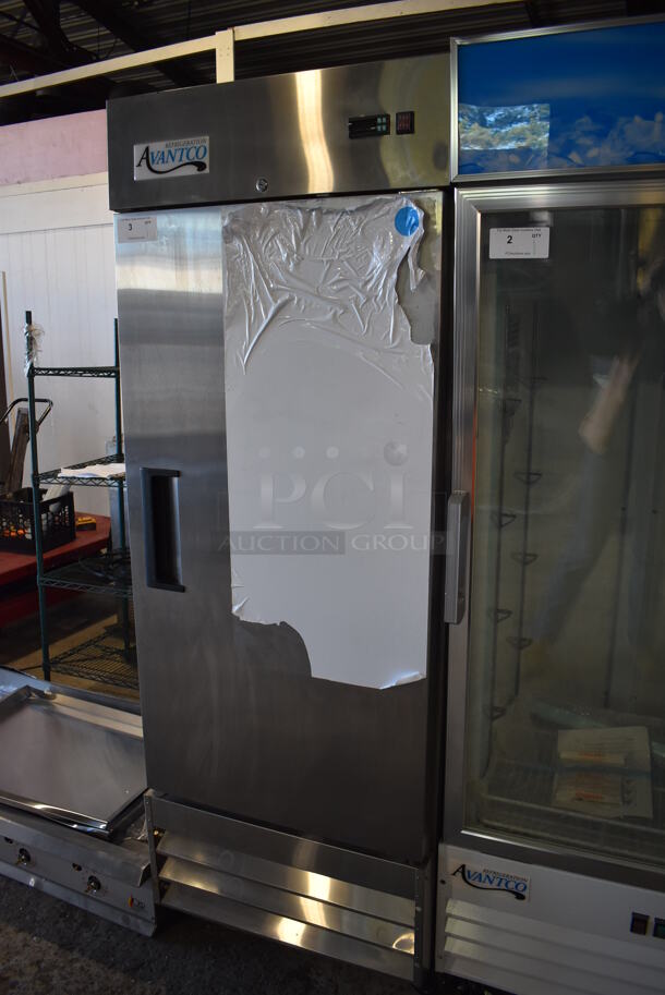 Avantco 178A19FHC Stainless Steel Commercial Single Door Reach In Freezer w/ Poly Coated Racks on Commercial Casters. 115 Volts, 1 Phase. 28x26x83. Tested and Working! - Image 3 of 8