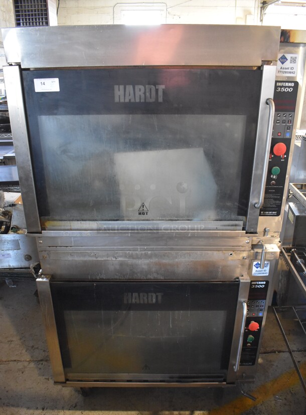 2 2012 Hardt Model Inferno 3500 Stainless Steel Commercial Natural Gas Powered Rotisserie Ovens on Commercial Casters. Each Oven Has a 40 Bird Capacity. 50x46x84. 2 Times Your Bid!