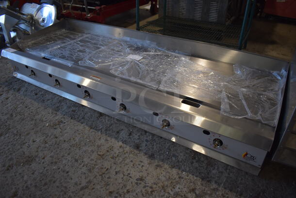 BRAND NEW SCRATCH AND DENT! 2022 Cooking Performance Group 351GTCPG72NL Stainless Steel Commercial Countertop 72" Natural Gas Powered Flat Top Griddle w/ Thermostatic Controls. Missing Knobs. 180,000 BTU. 72x30x13 - Image 1 of 9
