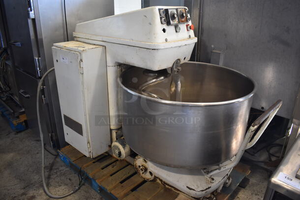 Metal Commercial Floor Style Spiral Dough Mixer w/ Stainless Steel Mixing Bowl and Dough Hook Attachment. 230 Volts, 3 Phase.  39x66x52