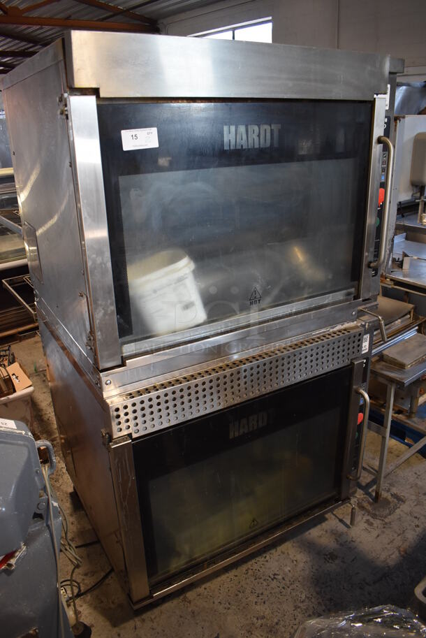 2 2013 Hardt Model Inferno 3500 Stainless Steel Commercial Natural Gas Powered Rotisserie Ovens on Commercial Casters. Each Oven Has a 40 Bird Capacity. 50x46x84. 2 Times Your Bid!