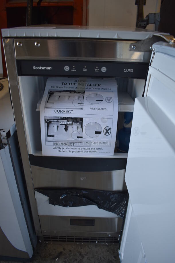 BRAND NEW SCRATCH AND DENT! Scotsman CU50GA-1 Stainless Steel Commercial Self Contained Undercounter Gourmet Cube Ice Machine. Door Brackets Are Broken and Handle Is Off. 115 Volts, 1 Phase. 15x22.5x34 - Image 4 of 8