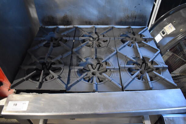 Stainless Steel Commercial Natural Gas Powered 6 Burner Range w/ Oven, Over Shelf and Back Splash on Commercial Casters. 36x34x61 - Image 3 of 7