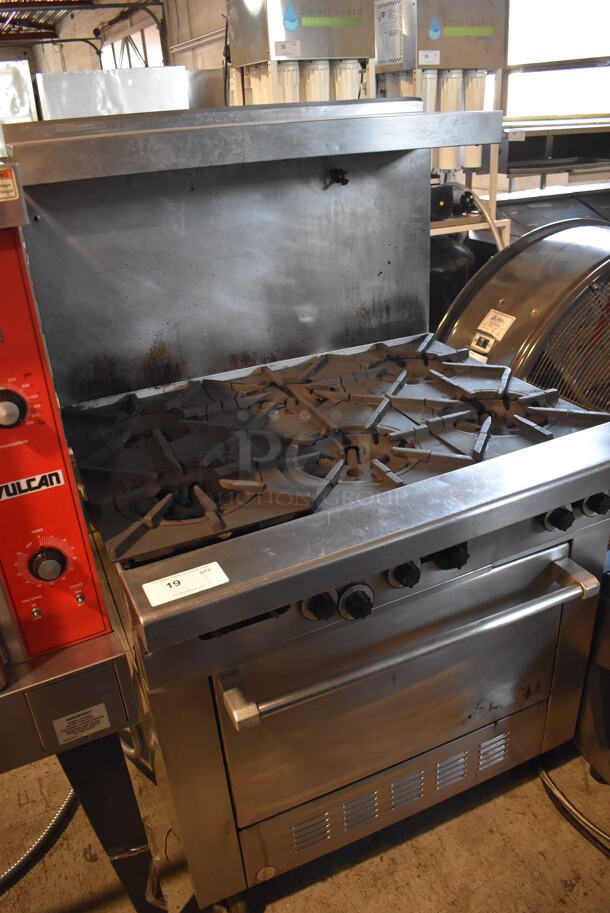 Stainless Steel Commercial Natural Gas Powered 6 Burner Range w/ Oven, Over Shelf and Back Splash on Commercial Casters. 36x34x61 - Image 4 of 7