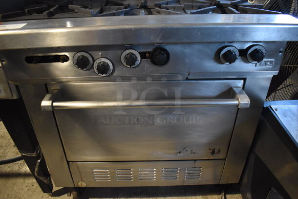 Stainless Steel Commercial Natural Gas Powered 6 Burner Range w/ Oven, Over Shelf and Back Splash on Commercial Casters. 36x34x61 - Image 6 of 7