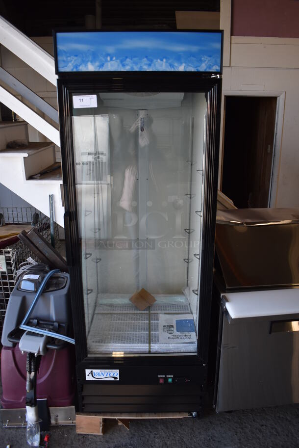 BRAND NEW SCRATCH AND DENT! Avantco 178GDC23HCB Metal Commercial Single Door Reach In Cooler Merchandiser w/ Poly Coated Racks and LED Lighting. 115 Volts, 1 Phase. 28x32x83. Tested and Working! - Image 1 of 8
