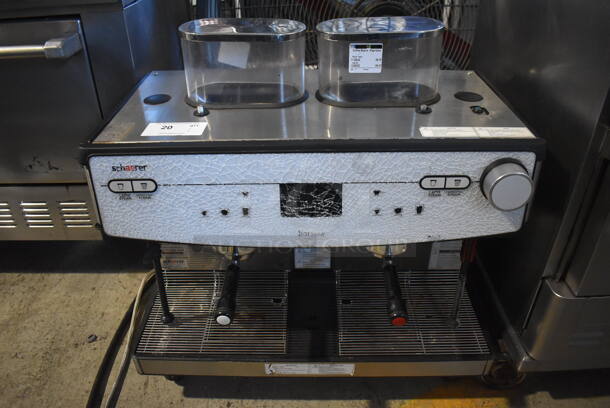 Schaerer Barista Stainless Steel Commercial Countertop 2 Group Espresso Machine w/ 2 Portafilters, 2 Steam Wands and 2 Hoppers. See Pictures For Damage To Glass Pane. 208 Volts, 1 Phase. 29x20x30
