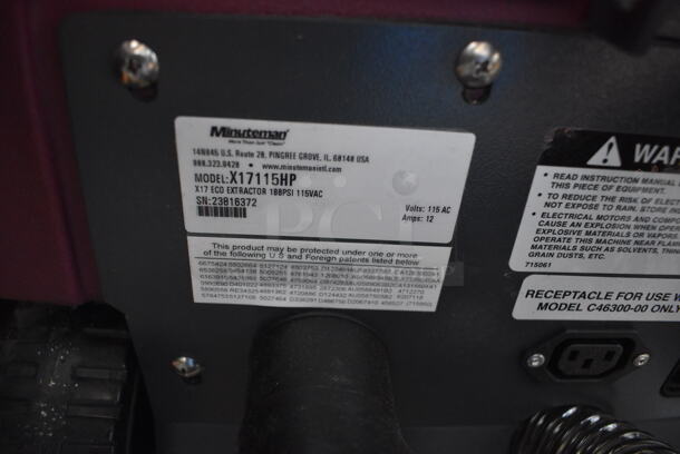 BRAND NEW SCRATCH AND DENT! Minuteman X17115HP X17 17" 100 PSI Corded Carpet Extractor Cleaning Machine. Front Top Plate is Cracked, Hose Holder Is Broken and Handle Isn't Mounted Due To a Missing Screw. 115 Volts, 1 Phase. 16x36x32. Tested and Working! - Image 7 of 11